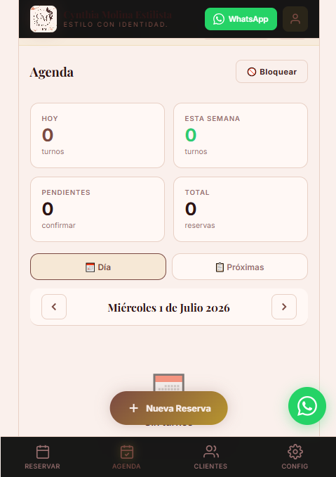 Captura de la agenda del administrador con métricas de turnos de hoy, semana y pendientes