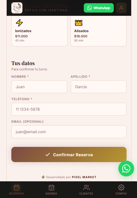 Captura del formulario de datos del cliente para confirmar el turno