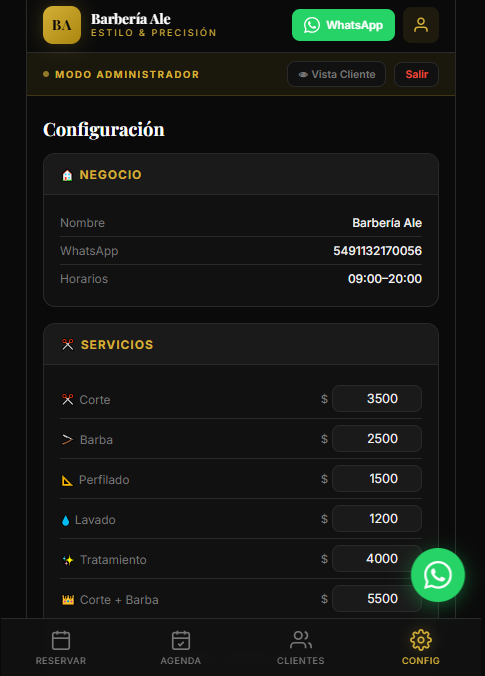Captura del panel de administración: configuración del negocio, servicios y precios