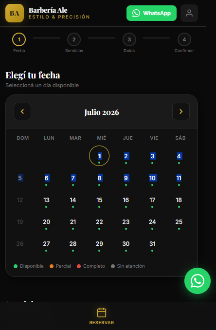 Captura del calendario de reservas: el cliente elige un día disponible desde el celular